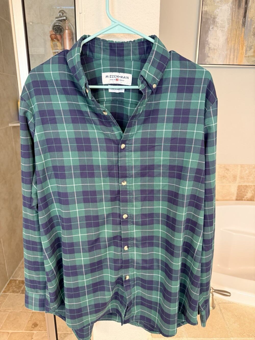 Mizzen+Main Mens M Standard Fit Green Navy Plaid Performance Dress Shirt US Made